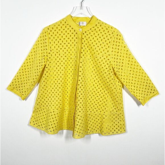 Bogner Women’s Size 12 Eyelet Yellow Button Front Jacket Three Quarter Sleeve - Picture 1 of 11